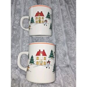 Jamestown China Joy of Christmas Coffee Mugs Set‎ of 2 Winter Village Scene